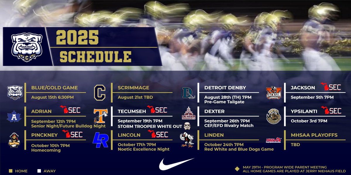 ChelseaFB_SEC's tweet photo. Our 2025 schedule is set.  Mark your calendars, the Bulldogs kickoff the season Thursday, August 28th at Detroit Denby! https://t.co/7yJX4S47Aw