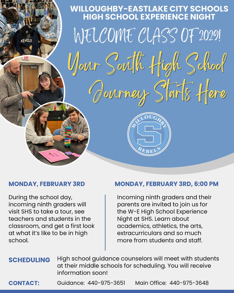 🩵🩶 Calling future Rebels! Start your journey to high school with the South High School Experience Night! Designed for incoming ninth graders and their parents to explore all that South has to offer! #mychoicewilloughbyeastlake #WEareonthemove