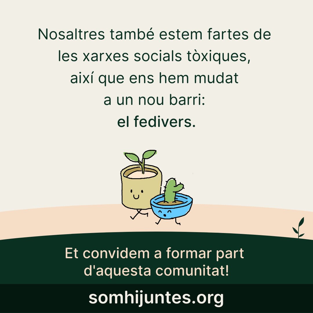 Obrim nou perfil a la xarxa social oberta, lliure i descentralitzada Mastodon, una alternativa més respectuosa amb la privacitat i els valors de solidaritat i cooperació.
Segueix-nos a:
🐘 mastodon.economiasocial.org/@SaltraSenalla 

Apunta-t’hi a:
➡️ somhijuntes.org