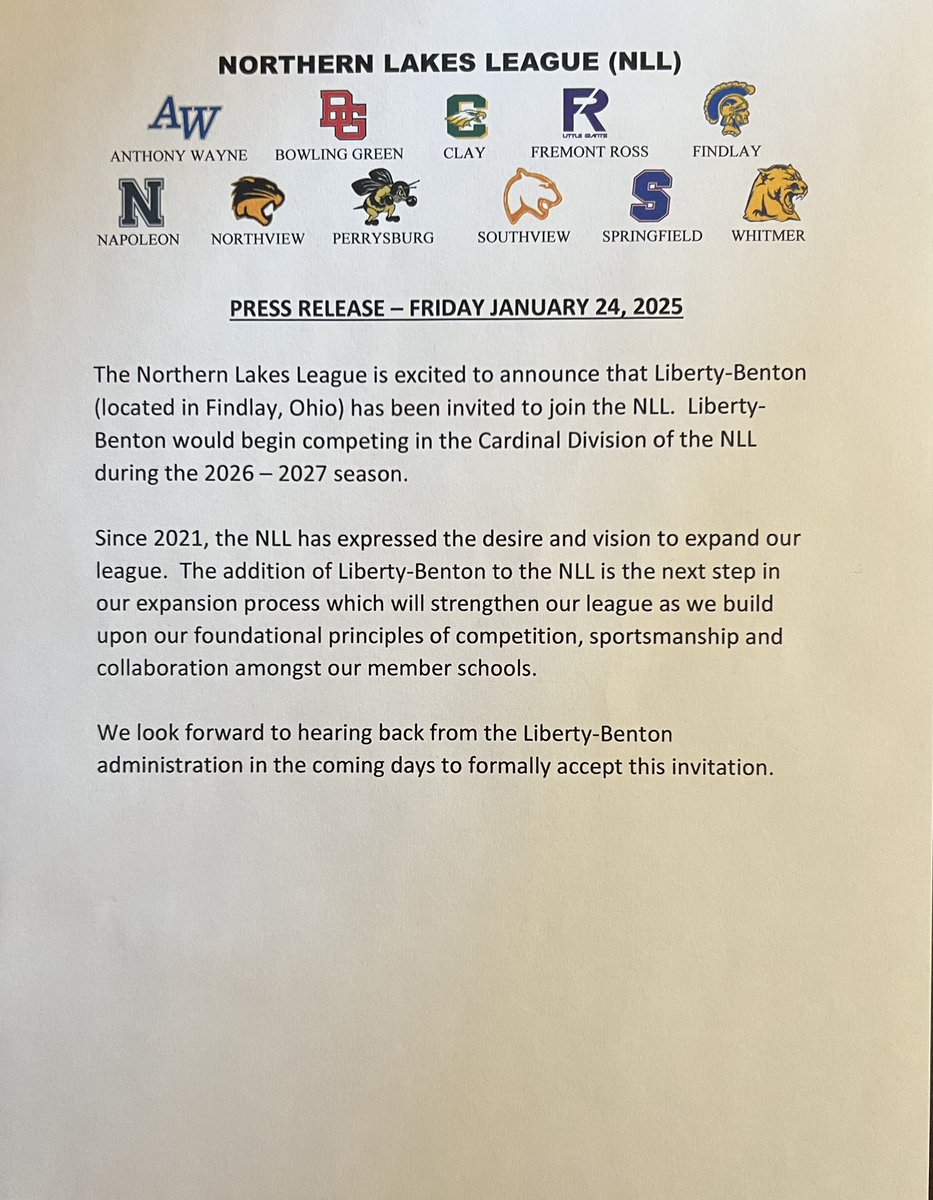 The Northern Lakes League is excited to announce that Liberty-Benton has been invited to join the NLL!