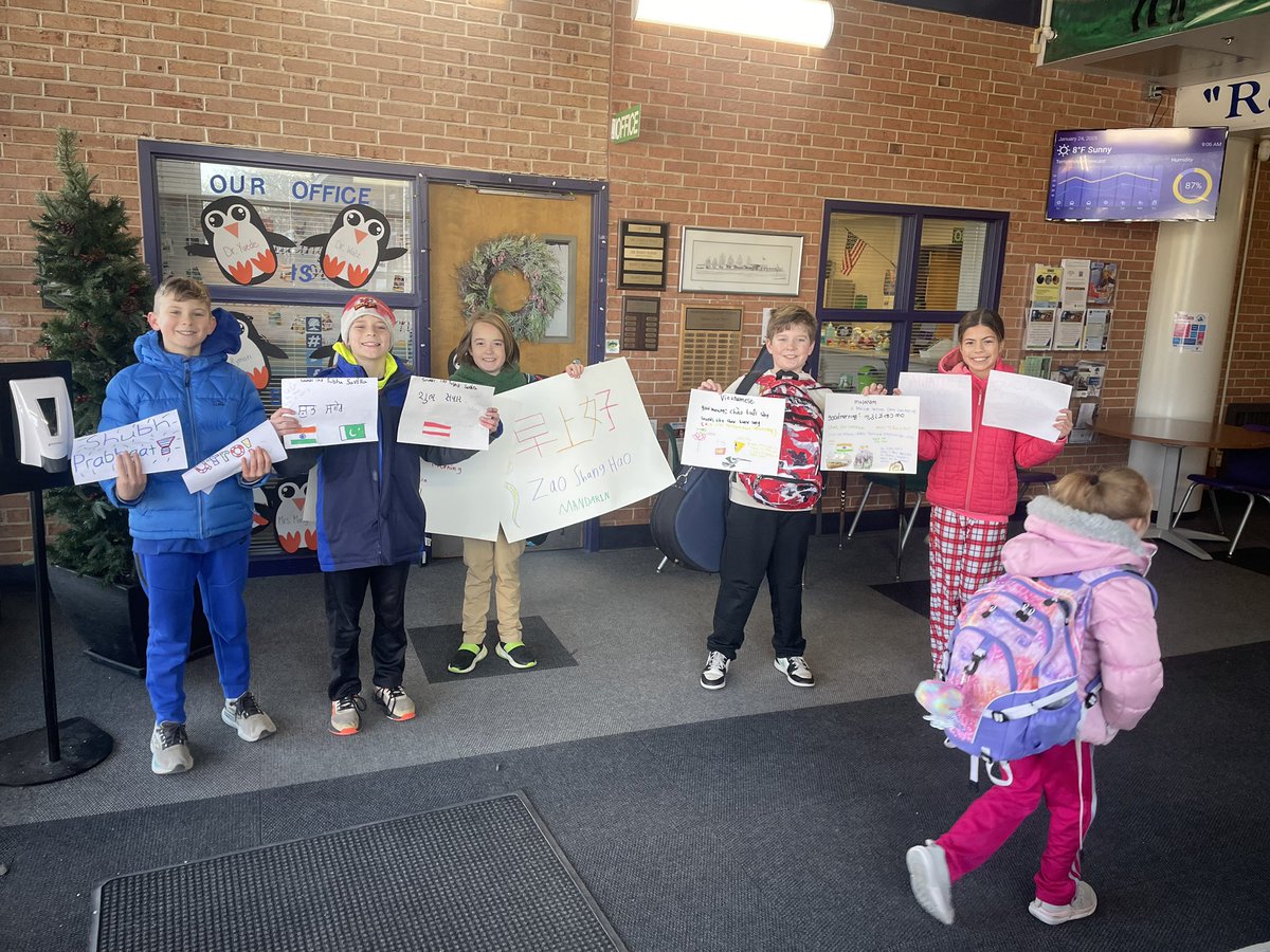 Our 4th-grade Student Leaders welcomed everyone at arrival with signs displaying “good morning” in all the languages represented in our school community. <a href="/WoertherPTO/">Woerther PTO</a>  #WeAreRockwood #WoertherFamily