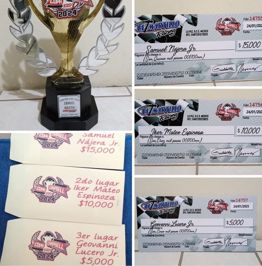 Teamelmartillo's tweet photo. Tonight at the Probaja "Noche de Campeones" (Night of Champions) we'll award the 1st Campbell Cup Kids! Congratulations to the 2024's Top 3! 👏🏼💪🏼🏁🏆🥳🎇 / Hoy en la "Noche de Campeones" de Probaja, premiaremos la primera Copa Campbell Kids! Felicidades al Top 3 de 2024! 👌🏼🥇🥈🥉 https://t.co/qShLh6266d