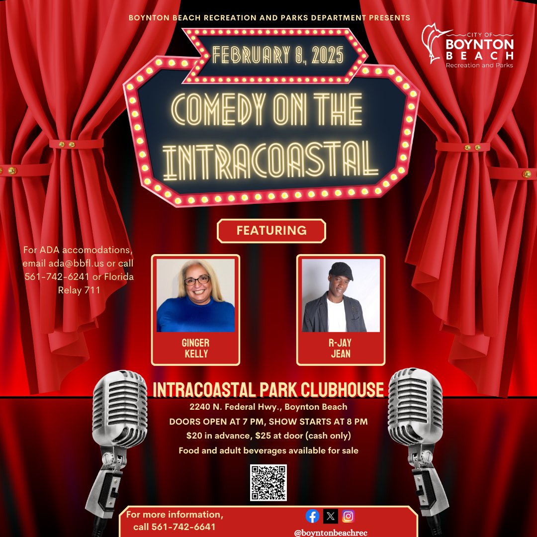 🎭 Laugh the night away with Comedy on the Intracoastal! 
📅 Sat, Feb 8 | ⏰ 7 PM doors open, 8 PM showtime
📍 Intracoastal Park Clubhouse
👥 18+ | 💵 $20 adv, $25 at the door (cash only)
🍹 Food &amp; drinks available!
🎟️ Reserve now: bit.ly/ComedyBB2025
📞 Info: 561-742-6641