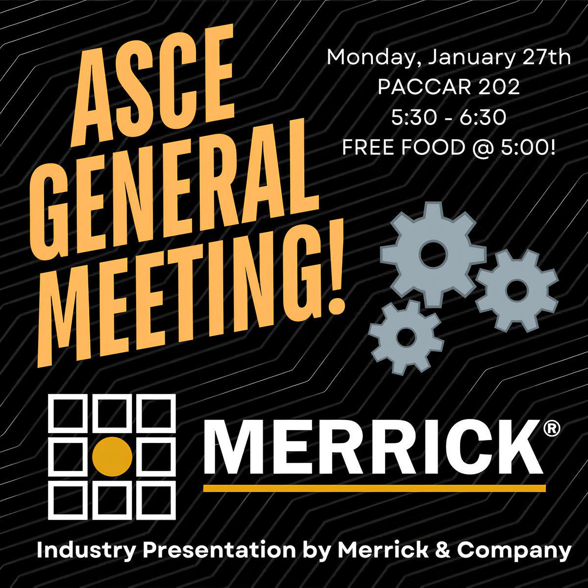 wsuasce's tweet photo. Join us on Monday (01/27) for an industry presentation by Merrick &amp; Company in PACCAR 202 at 5:30 PM.

Learn about cool new engineering projects and enjoy some free food while you're at it! Hope to see you there! https://t.co/Dl1O9DCuqE