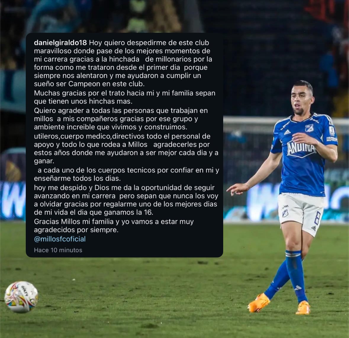 ElFamosoEmbajad's tweet photo. OFICIAL |  👋🏻🇧🇷

El mediocampista Daniel Eduardo Giraldo deja la institución después de dos etapas, la segunda de dos años, acompañados de la consecución de la estrella 16 y la Superliga. 

Le deseamos suerte y muchos éxitos en su carrera. 

  @MillosFCoficial  🔜  @ECJuventude https://t.co/IBJL6i0yvc