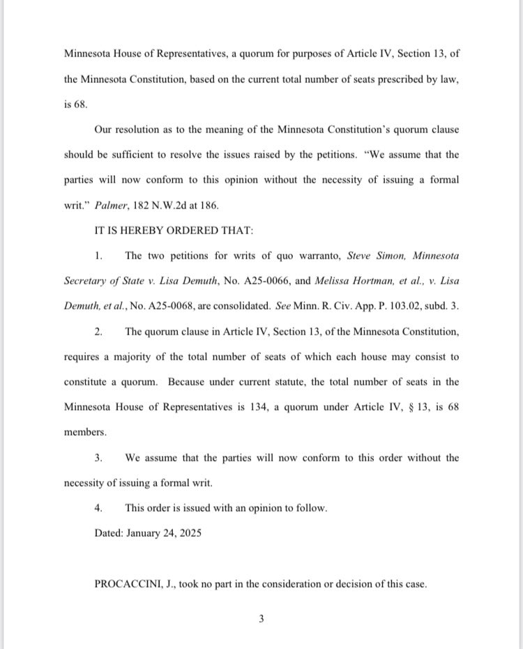 BREAKING: The MN Supreme Court has ruled in favor of Democrats saying a quorum of 68 seats is needed to establish a quorum in the MN House. House Republicans have been operating with what they considered a quorum of 67. We’re seeking reaction from GOP and DFL lawmakers. <a href="/KSTP/">KSTP</a>