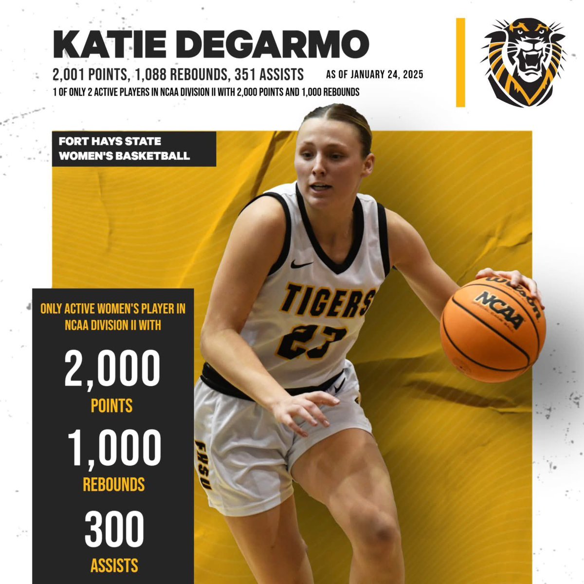 FHSUWBB's tweet photo. 1 of 1 ... After reaching the 2,000-point mark in the win at Rogers State Thursday night, Katie DeGarmo is in a class of her own for @ncaadii players as the only 2,000-point, 1,000-rebound player with at least 300 assists as well. https://t.co/mPR63yrhV4