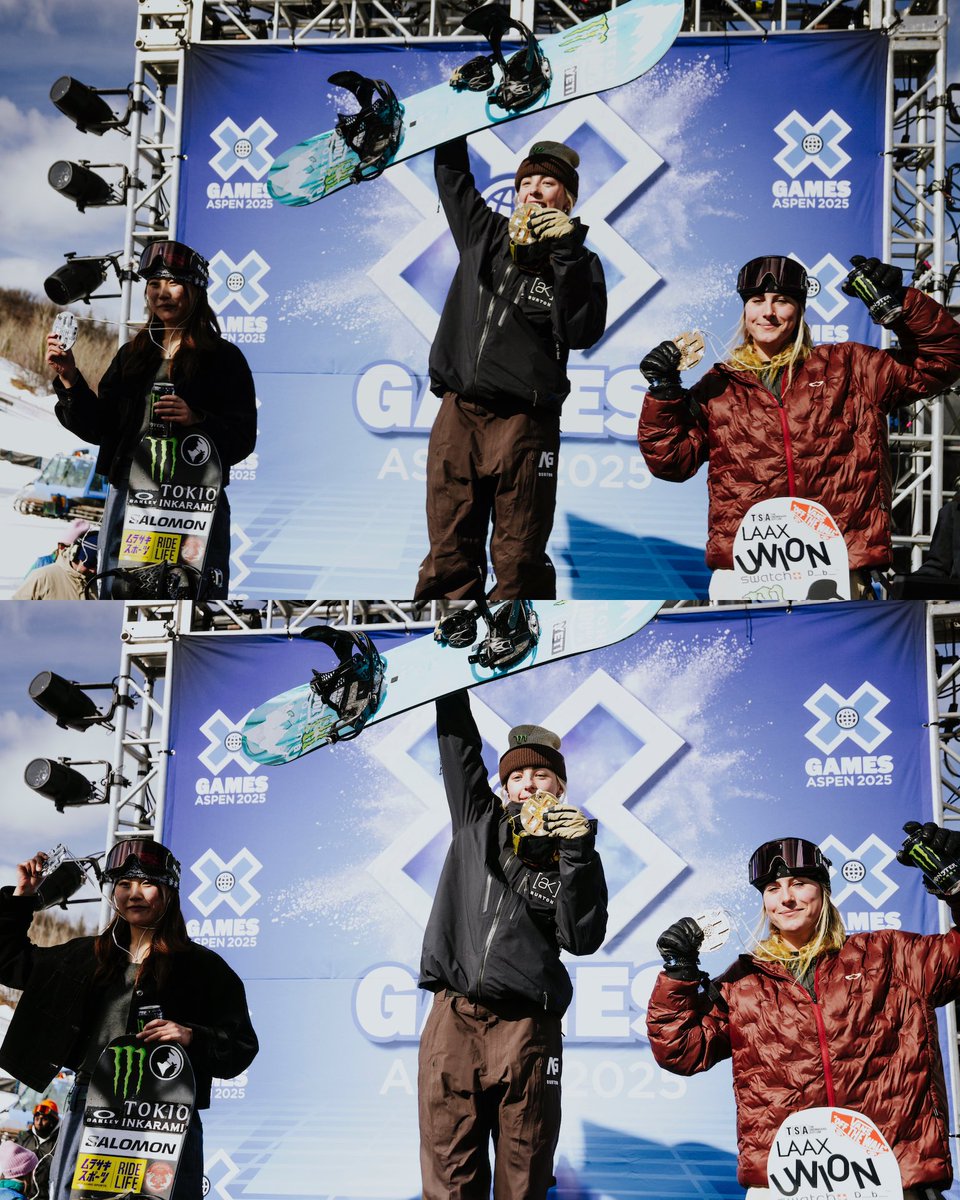 MonsterEnergy's tweet photo. FULL sweep in Women’s Snowboard Slopestyle 🧹 @XGames

🥇 Zoi Synnott
🥈 Kokomo Murase
🥉  Mia Brookes 

#MonsterEnergy // #UnleashedAtX https://t.co/tVPrnjaLlf