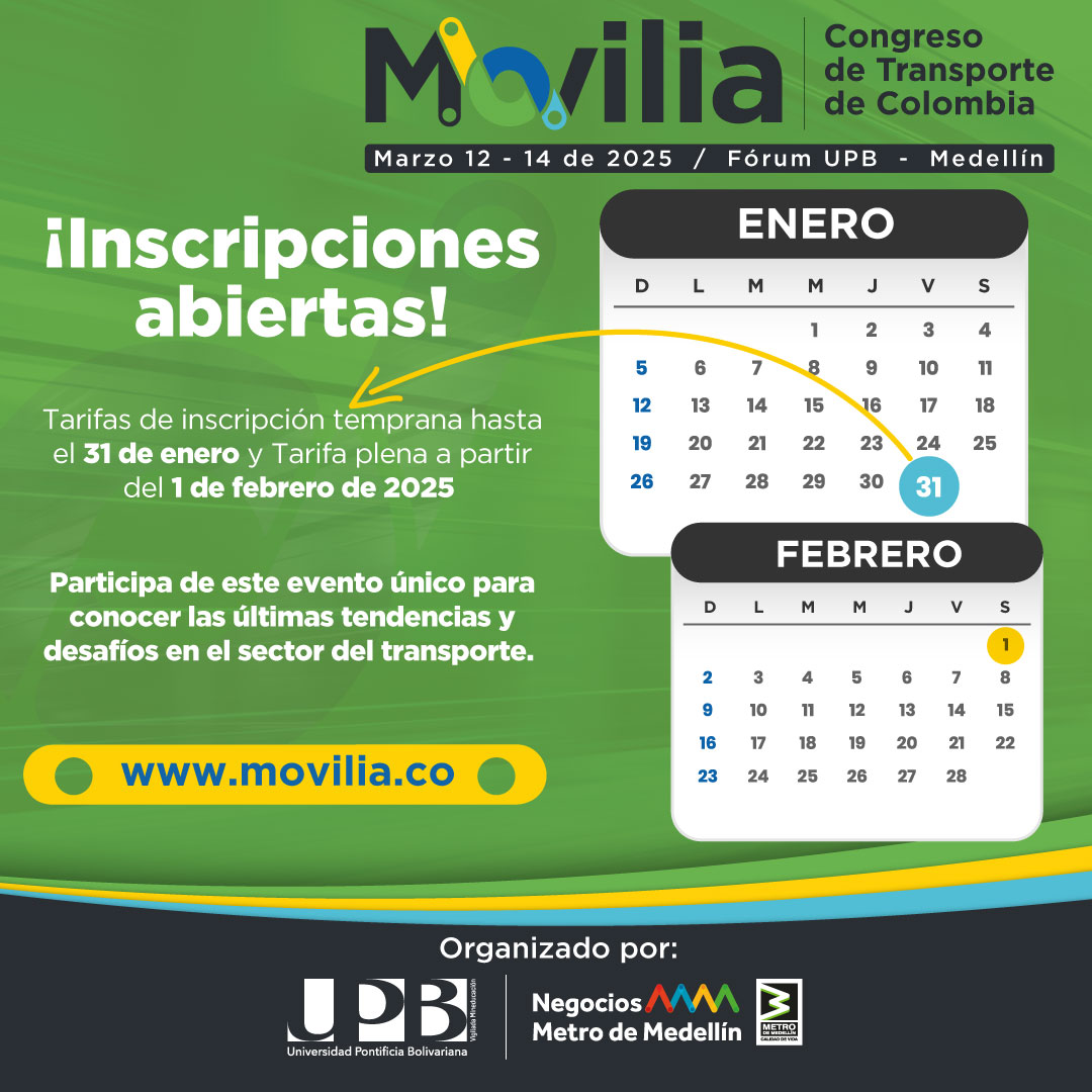 metrodemedellin's tweet photo. Del 12 al 14 de marzo de 2025, nuestra ciudad-región será el epicentro de las ideas que están transformando el transporte en Colombia.

📍 Lugar: Universidad Pontificia Bolivariana
🖱️¡Inscríbete ahora!👇👇

https://t.co/tNwOEodA24 https://t.co/h5PnlcTBwv