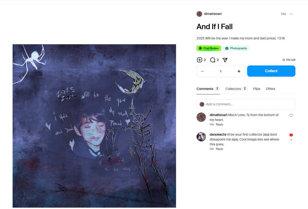 DiMatteoArt's tweet photo. Shout out to @vectris for collecting my first Rodeo work.

And If I Fall | @rodeodotclub 

Thank you 🖤 https://t.co/BnQAfG58Kg