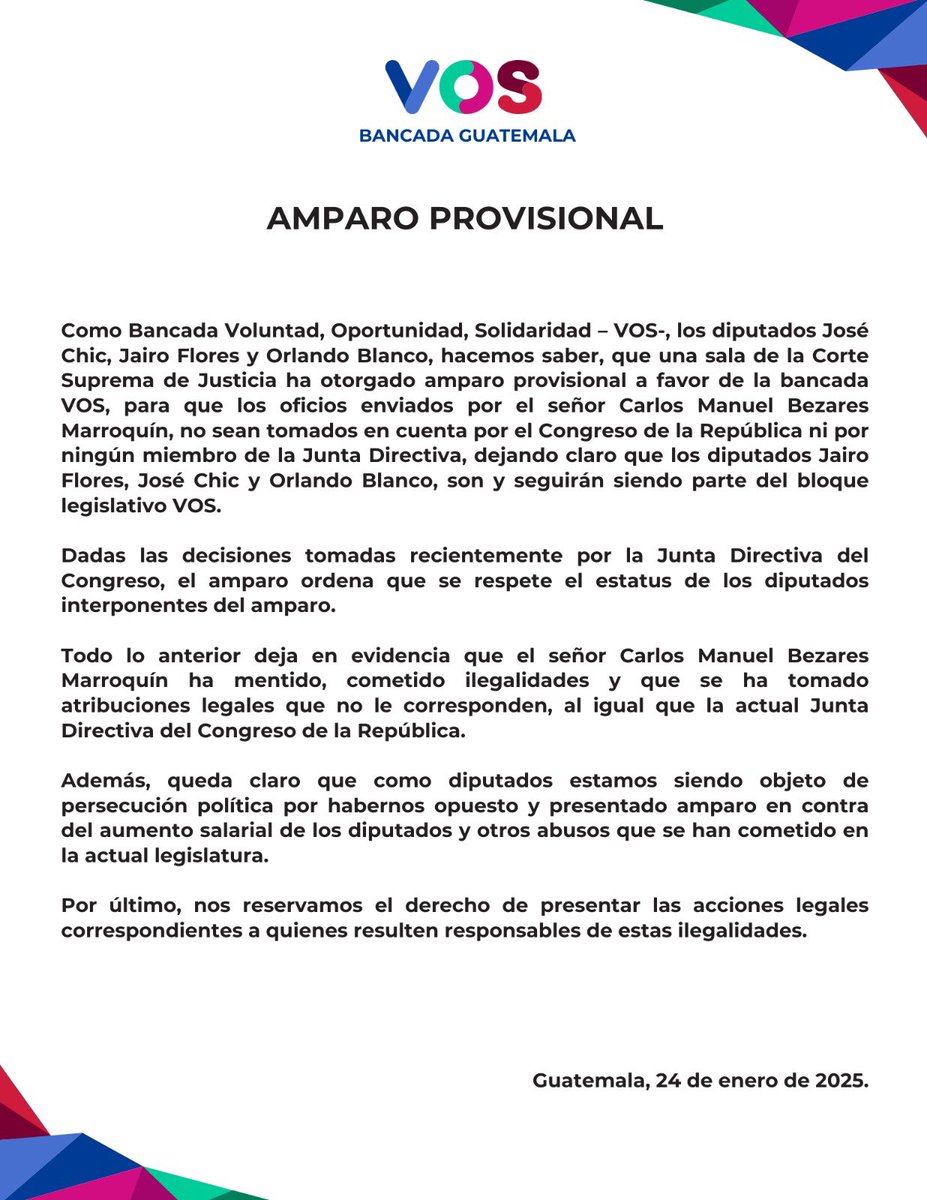 BancadaVos's tweet photo. ¡AMPARO PROVISIONAL! 🚨
Los diputados Jairo Flores, José Chic y Orlando Blanco, son y seguirán siendo parte del bloque legislativo VOS.
#BancadaVOS #TrabajandoPorVOS #VOSGt #Guatemala https://t.co/zTP5KuutwL
