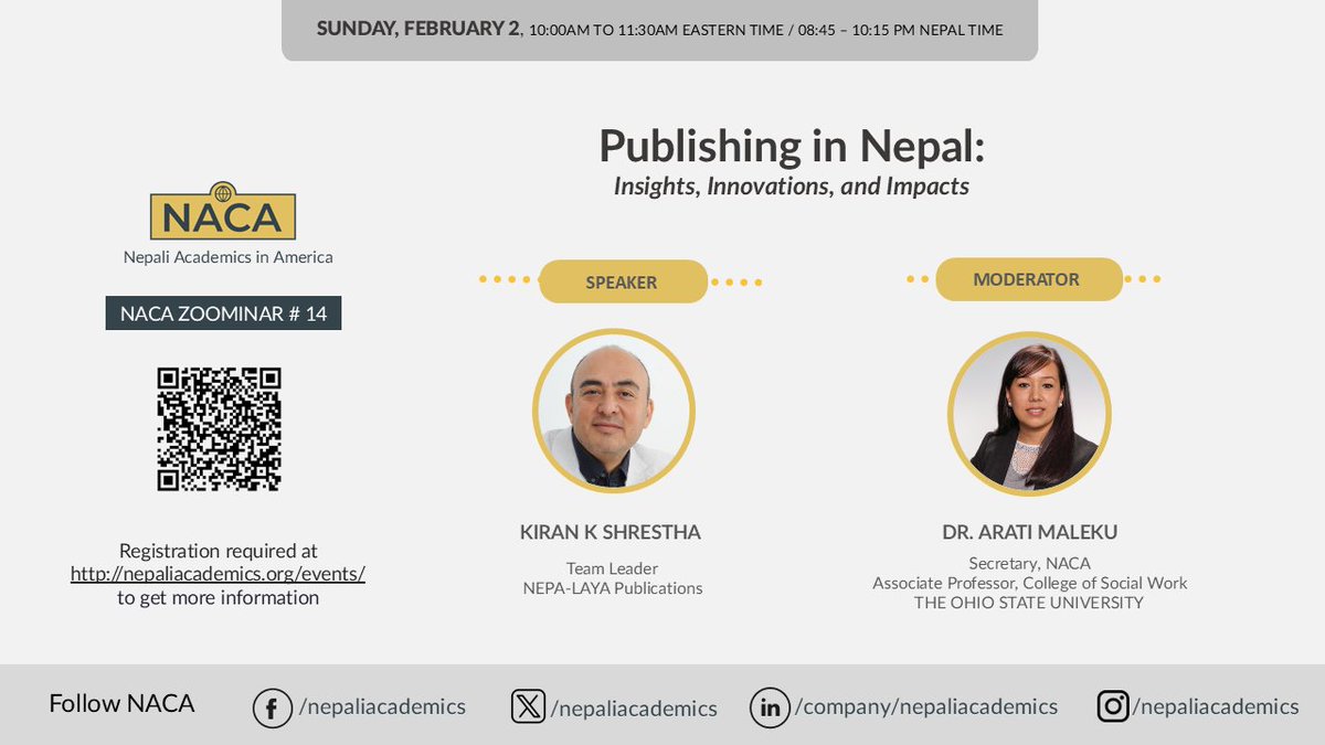 📢Join our first event of 2025, NACA Zoominar 14 "Publishing in Nepal" featuring <a href="/KiranKrShrestha/">Kiran Kr. Shrestha</a>, who leads the <a href="/nepa_laya/">nepalaya</a>. Registration is required at  nepaliacademics.org/event-6035908. #Nepaliacademics #publishingiNepal