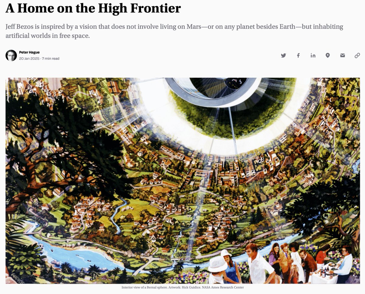 JoelSercel's tweet photo. Great article by @peterrhague 

Basically Jeff Bezos sees humanity inhabiting artificial worlds in free space, not Mars (I am on team Blue here  @JeffBezos ). 
While Elon's SpaceX focuses on Mars colonization, Bezos’s Blue Origin aims to compete in the reusable orbital launch market with its New Glenn rocket with an eye toward building worlds in space.  Link in next post.
