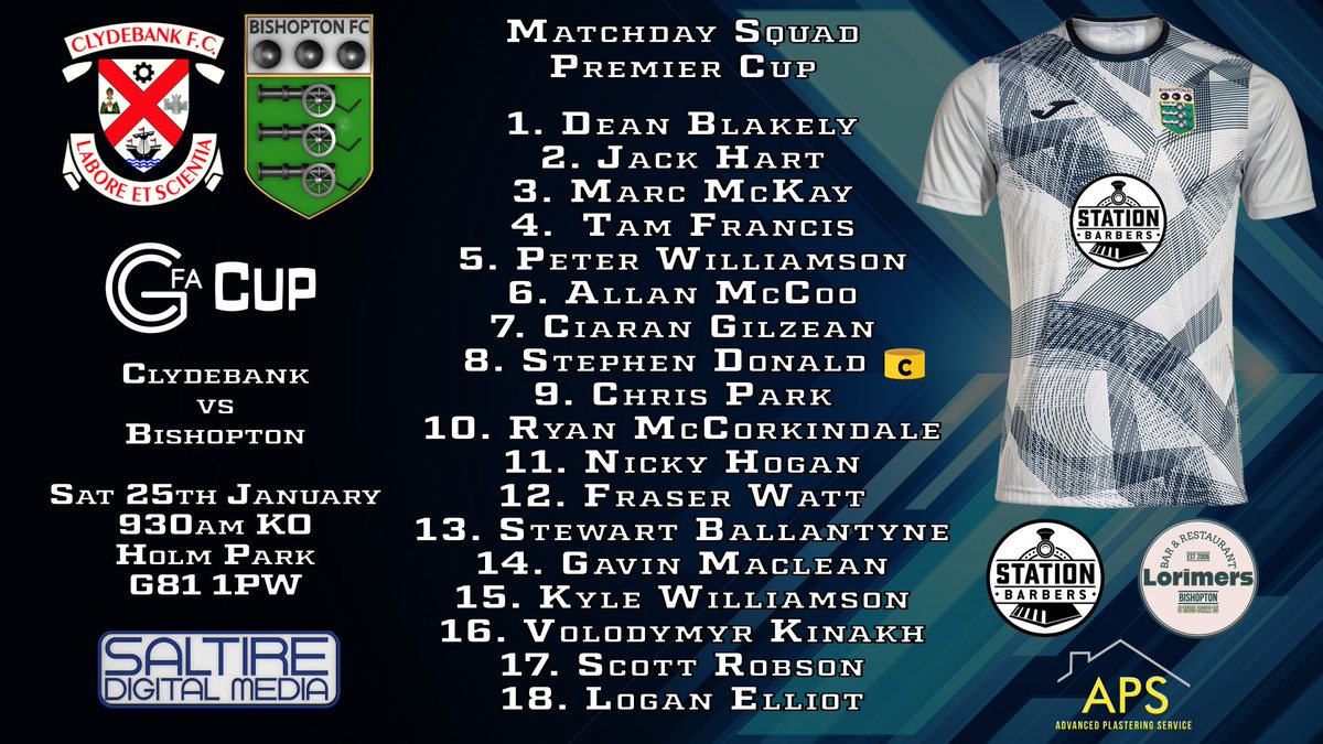 Tomorrows Premier Cup, Matchday Squad vs Clydebank. 

#monthebishy #stationbarbers #lorimers #apsadvancedplasteringservice #saltiredigitalmedia