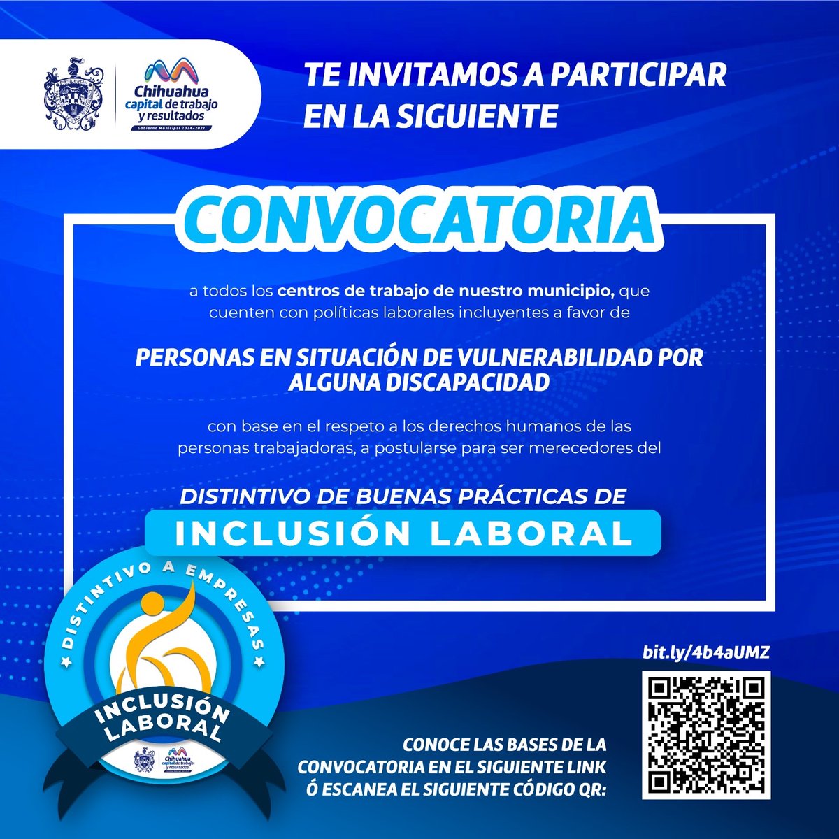 📢 ¡Participa por el Distintivo de Buenas Prácticas de Inclusión Laboral!
Invitamos a las empresas de #ChihuahuaCapital que promuevan la inclusión laboral de personas con discapacidad a postularse para obtener este reconocimiento. 🌟