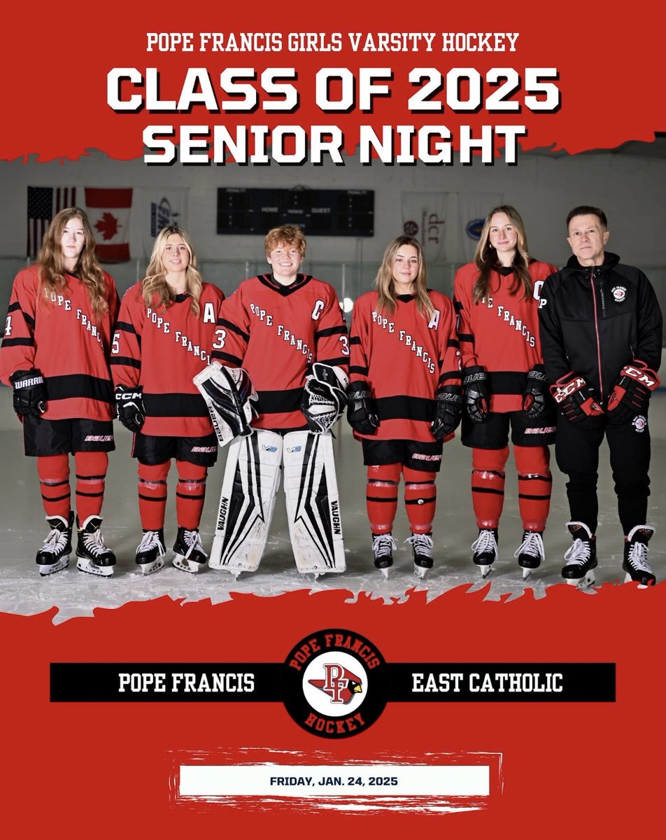 Come out and support our 5 seniors this evening at Smead Arena!  7 PM vs East Catholic CT.  Maddie, Cam, Felix, Giada, and Sarah it’s been an amazing 4 years!  Roll Pope!