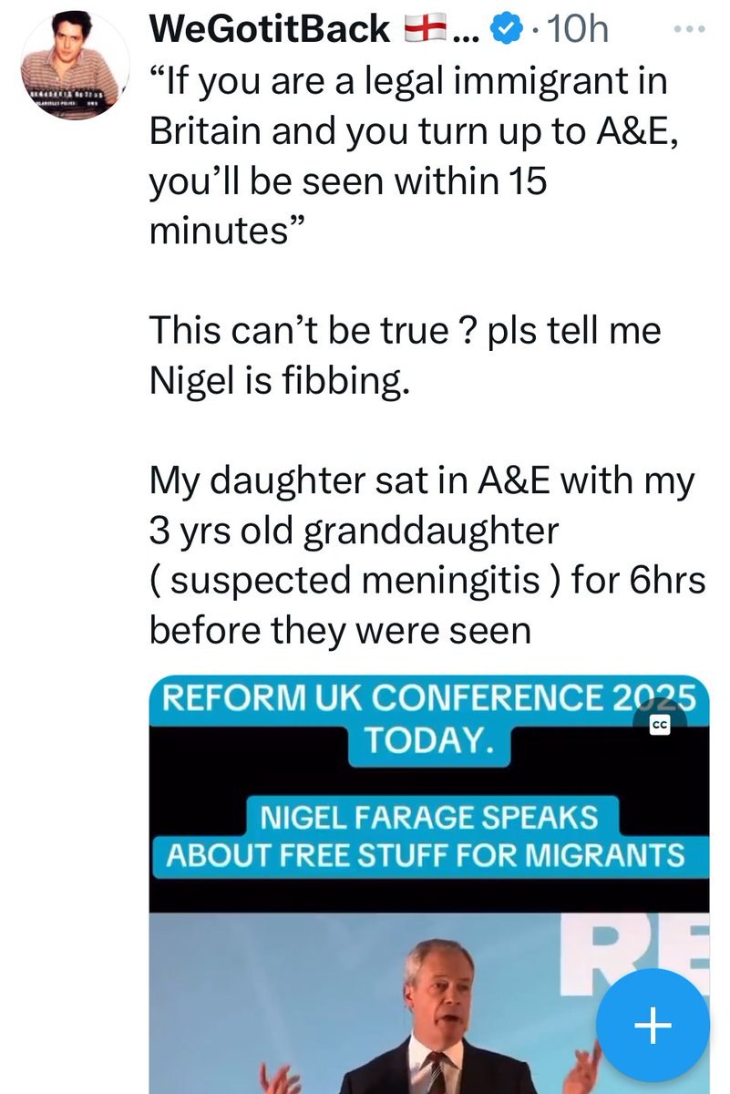 t/a Underscores Rn’t Us (@andyplumb4) on Twitter photo Hi <a href="/Nigel_Farage/">Nigel Farage MP</a> 👋
NHS frontline worker here.
You’re talking complete and utter bollocks, mate 🤥
All arrivals to A&E are assessed and prioritised in Triage based on the urgency of their condition not their ethnicity.
Sit down. Shut the fuck up. Hi <a href="/Nigel_Farage/">Nigel Farage MP</a> 👋
NHS frontline worker here.
You’re talking complete and utter bollocks, mate 🤥
All arrivals to A&E are assessed and prioritised in Triage based on the urgency of their condition not their ethnicity.
Sit down. Shut the fuck up.