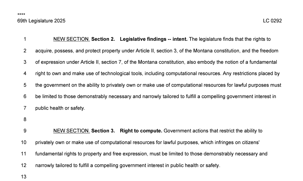 TannerMAvery's tweet photo. NEW: Sen. Daniel Zolnikov has officially introduced SB 212, the Right To Compute Act, to the #mtleg.
This bill will ensure Montanans’ rights to free expression and property are protected in the 21st century, in addition to helping position Montana as a world-class destination for AI and Data Center investment.
Here's what it does:
#1: Establish the Right to Compute: The legislature makes it clear that privately owning or making use of computational technologies for lawful purposes is protected as an aspect of fundamental rights to free expression and use of property.
#2: Create a New Policy Framework: Restrictions on the ability to privately own or use computational resources must be limited to those demonstrably necessary and narrowly tailored to fulfill a compelling state interest in public health or safety.
#3: Balance Interests: Provides mechanisms for policymakers to address real harms to public health and safety posed by the application of new computational technologies, while also ensuring that regulations do not excessively burden the Right to Compute.