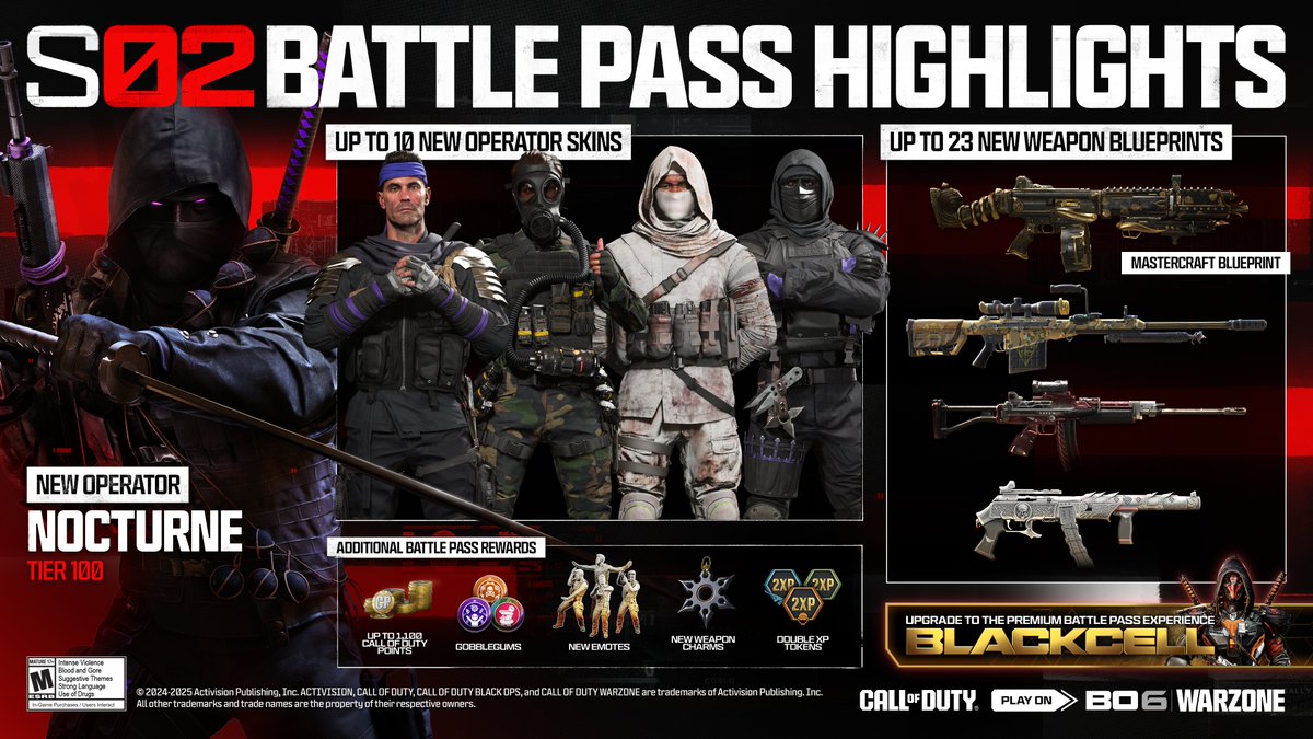 Bounties are active. Time to hunt. 💪

Become the shadow in the Season 02 Battle Pass with the supreme hunter, Nocturne, 10 new Operator Skins, 23 Weapon Blueprints, and more 💥