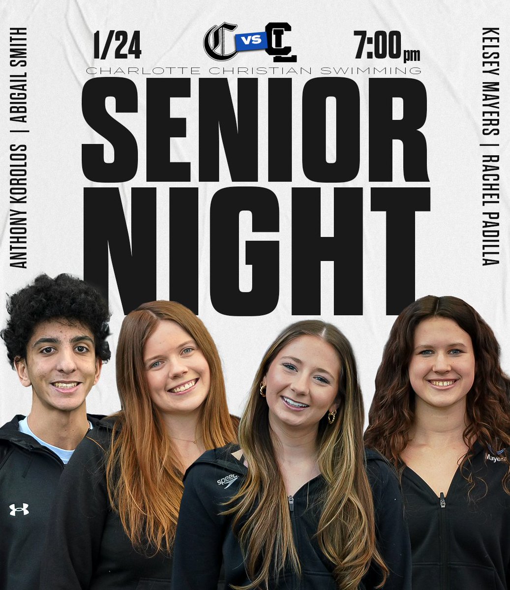 𝙎𝙀𝙉𝙄𝙊𝙍 𝙉𝙄𝙂𝙃𝙏‼️

Join us as we celebrate our 4 swim seniors TONIGHT during halftime of the boys’ basketball game against Charlotte Latin

🆚 Charlotte Latin
⏰ 7:00 PM
📍 CCS Lamb/Johnson Gym
🎟️ charlottechristian.com/athletics/tick…
📺 youtube.com/@CharlotteChri…