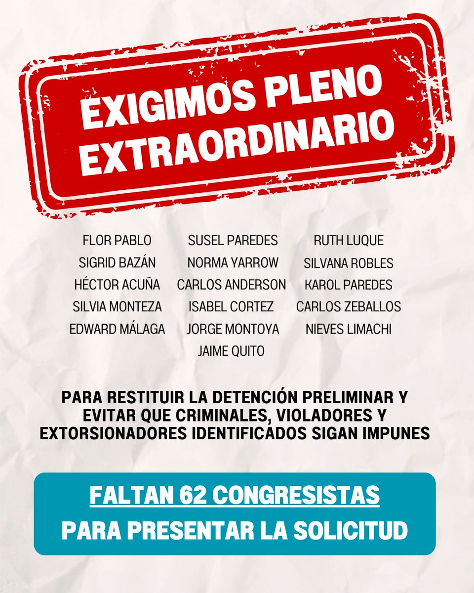 🚨 Cada día que pasa, delincuentes continúan extorsionando, abusando sexualmente y asesinando con total impunidad.

Necesitamos 78 firmas para obligar a la Mesa Directiva del Congreso a convocar un Pleno Extraordinario para aprobar por insistencia la ley que restituye la