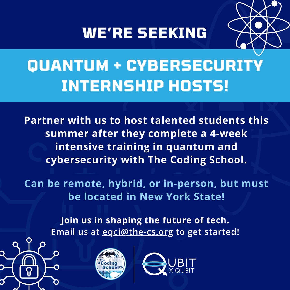 Qubit by Qubit (@qubitbyqubit) on Twitter photo 🚀 Calling all Quantum Computing and Cybersecurity Companies in NY!
We're seeking internship hosts in NY state to provide hands-on experience in quantum computing and cybersecurity!
📨 If you’re in NY state and are interested in more details, email us at eqci@the-cs.org. 🚀 Calling all Quantum Computing and Cybersecurity Companies in NY!
We're seeking internship hosts in NY state to provide hands-on experience in quantum computing and cybersecurity!
📨 If you’re in NY state and are interested in more details, email us at eqci@the-cs.org.