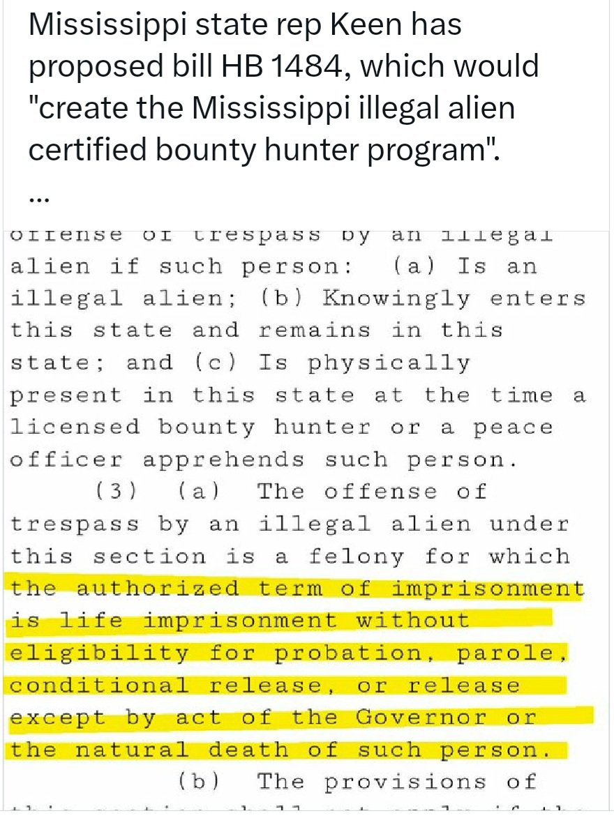 offsidepuppy's tweet photo. @DavidLammy @marcorubio Human hunts &amp;
LIFE IMPRISONMENT for illegal aliens.

Companies already use prisoners for labour in the US but this means they can finally drop calling it 'rehabilitation' 🙄

How long before Trump&amp;Co attempt to introduce state sanctioned slavery?

What say you @DavidLammy? https://t.co/3nugPbJ3g4