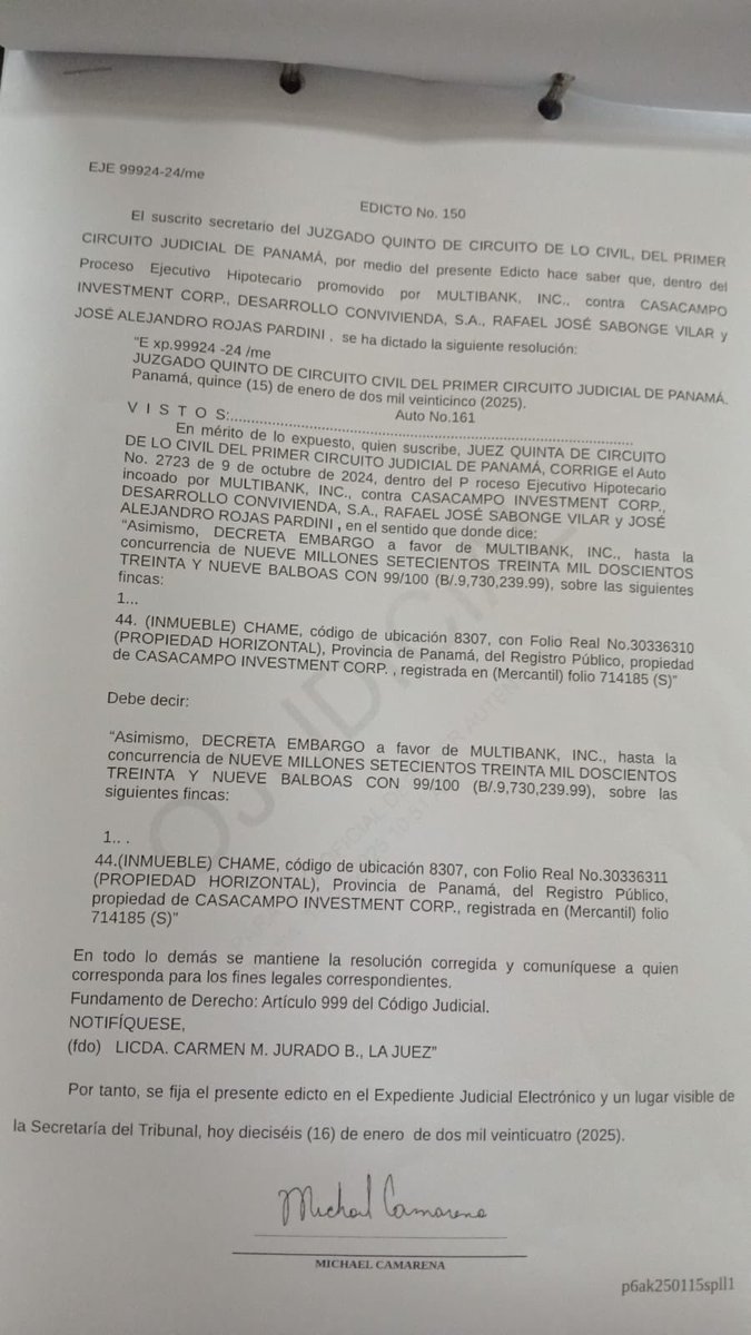 La resolución del JUZGADO QUINTO DE CIRCUITO DE LO CIVIL, DEL PRIMER CIRCUITO JUDICIAL DE PANAMÁ, que ordenó el embargo de las propiedades de los exministros Sabonge y Rojas.