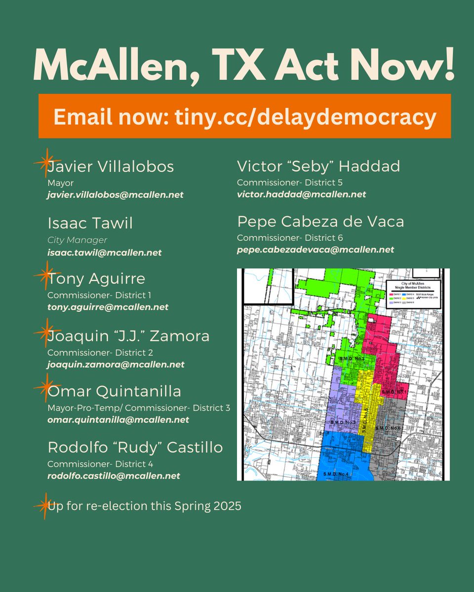 🚨 McAllen voters passed Props A &amp; B, but city officials claim there’s “no urgency” to enact them.

💥 Let’s prove them wrong! Demand action now.

📩 Fill out our form &amp; send an email to city officials in just one click!

🔗 tiny.cc/delaydemocracy