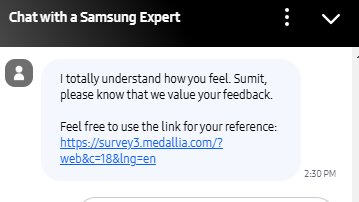 sumitsancheti's tweet photo. Check the chat with Samsung Customer support 

They are suggesting to fill feedback, that is best what they can do for the order cancellation blunder.
Seriously? https://t.co/aN95fRew5N