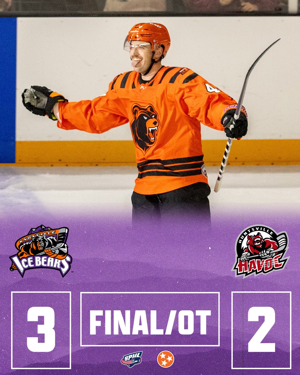 ALL HEART WITH THIS TEAM!!!

Your Ice Bears kill off all six Huntsville power plays (including four in the 3rd period alone), Stephen Mundinger made 42 saves and Carson Vance crushes a game-winner to give Knoxville the win!

See you tomorrow night for Wrestling Night!