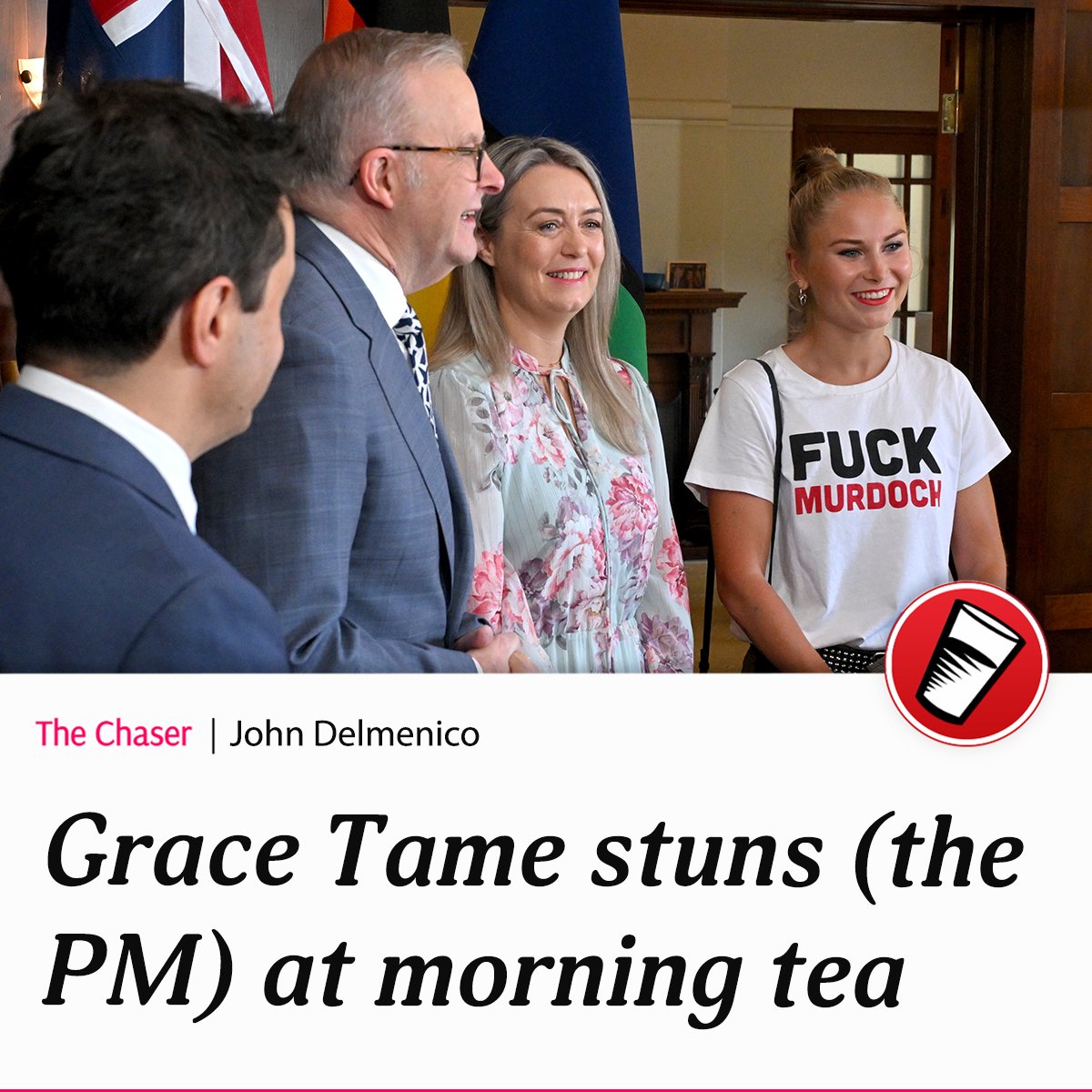 chaser's tweet image. Grace Tame once again stole the show at a Prime Minister&apos;s morning tea for Australian of the Year winners with an iconic look.