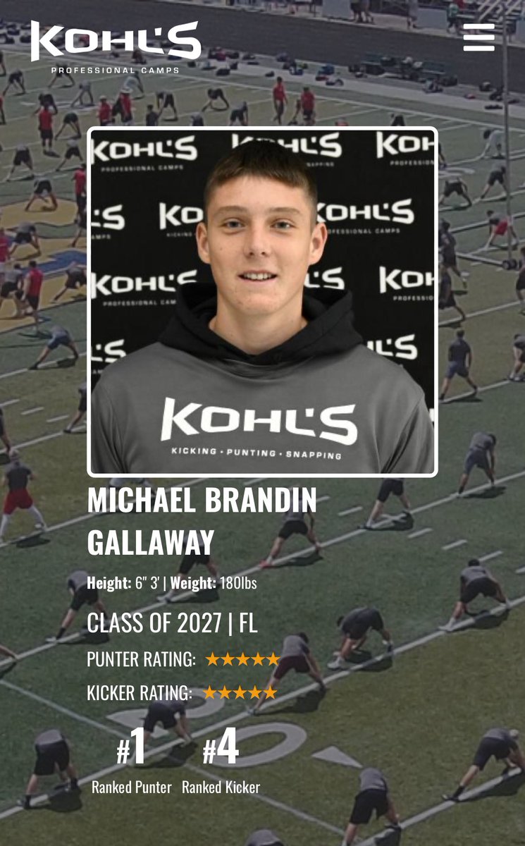 Michael Brandin Gallaway (@brandingallaway) on Twitter photo I am incredibly blessed to be ranked the number #1 punter and #4 kicker by <a href="/KohlsKicking/">Kohl's Kicking Camps</a>. This journey isnโt finished & Iโm still working hard to achieve even more!
Thanks to the Kohls staff and all the high school coaches that helped guide me to this point. #hardworkGodfirst I am incredibly blessed to be ranked the number #1 punter and #4 kicker by <a href="/KohlsKicking/">Kohl's Kicking Camps</a>. This journey isnโt finished & Iโm still working hard to achieve even more!
Thanks to the Kohls staff and all the high school coaches that helped guide me to this point. #hardworkGodfirst