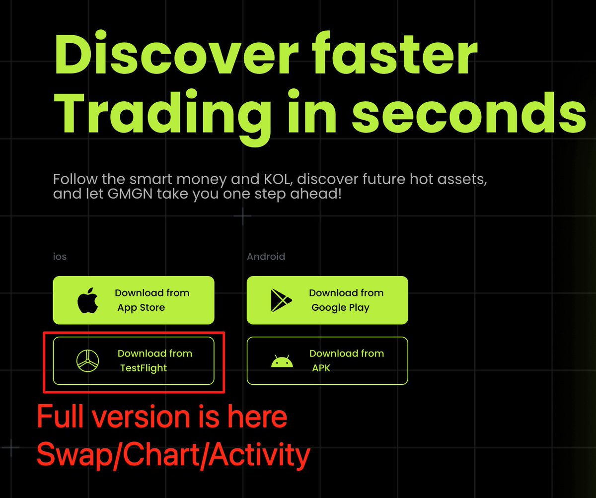 🌈GMGN APP full version is on Test Flight  Swap/Chart/Activity/WalletTracking/Referral... 🚨Plz REMEMBER that you  SHOULD download GMGN Official APPs from https://t.co/6lHaUUFpsL website  (Others are SCAMMERS!!): 👉🏻https://t.co/zxgltsGTEA