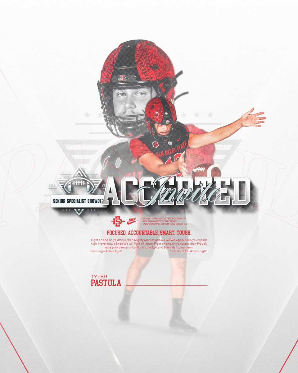 San Diego State Football (@aztecfb) on Twitter photo Invite ACCEPTED!
<a href="/tyler_pastula/">Tyler pastula</a> is headed to the <a href="/SR_SpecShowcase/">Senior Specialist Showcase</a> in Florida next month!
#AztecFAST๐ข x #BeTheA1pha๐บ Invite ACCEPTED!
<a href="/tyler_pastula/">Tyler pastula</a> is headed to the <a href="/SR_SpecShowcase/">Senior Specialist Showcase</a> in Florida next month!
#AztecFAST๐ข x #BeTheA1pha๐บ