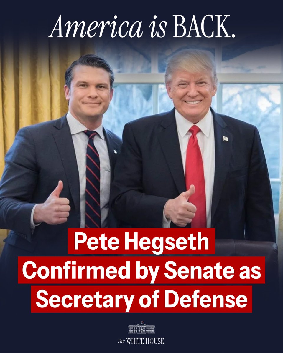 🇺🇸 <a href="/PeteHegseth/">Pete Hegseth</a>'s confirmation as Secretary of Defense underscores President Trump's commitment to strengthening our military.

America is BACK.