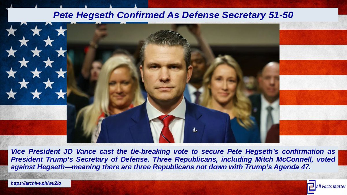 All_FactsMatter's tweet photo. Pete Hegseth Confirmed As Defense Secretary 51-50
Vice President JD Vance cast the tie-breaking vote to secure Pete Hegseth’s confirmation as President Trump’s Secretary of Defense.
https://t.co/74g7fDxBMc
#PresidentTrump #Government #PeteHegseth #DefenseDept https://t.co/QCu74XP3OJ