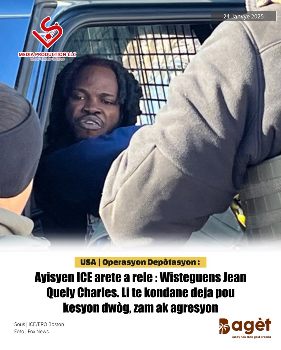 LuckNews88's tweet photo. 📌Daprè biwo ICE nan Boston, Wisteguens Jean Quely Charles ki gen 25 lane, gen 17 kondanasyon penal sou do li nan Massachusetts. Yo prezante l kòm manm yon gang Ayisyen, ki rantre Etazini, nan dat 13 jiyè 2013 nan Miami, Eta Floride. « Charles te prezan🇺🇸Etazini ilegalman, li te kontinye vyole lalwa, e koze yon bann domaj enpòtan a rezidan Massachusetts yo », se deklarasyon Patricia H., Direktris pa-enterim biwo teren nan ICE/@EROBoston. Ajan yo arete Ayisyen sa a 22 janvye pase a, e yo te tou ba li yon avi poul konparèt devan jij imigrasyon. Pou kounya, jèn gason sa ki fè konnen li pap tounen Ayiti,🇭🇹twouvel nan yon gadavi @ICEgov | LSV