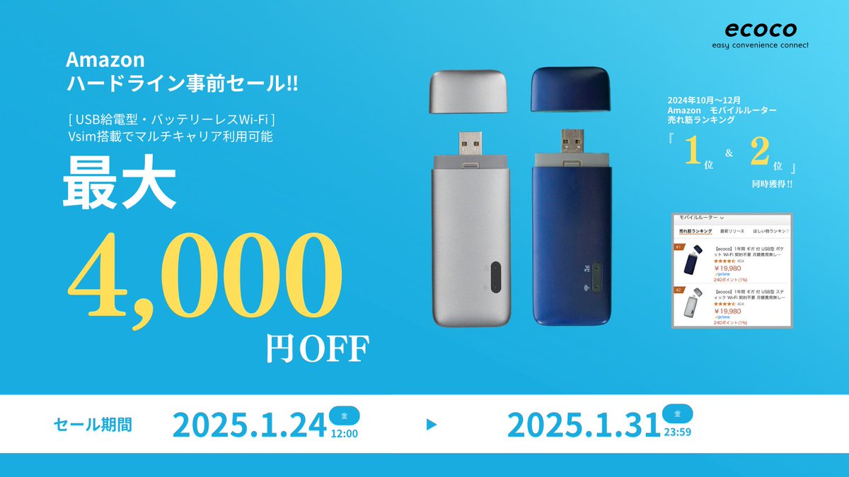 ecoco_official's tweet image. \ハードライン事前SALE📢/
2024年10月〜12月
Amazonプライムデー
1位獲得🏆の
ＵＳＢスティック型Wi-Fi
『#ecoco』が最大4,000円off！

#ecoco #イココ #モバイルwifi 
#モバイルルーター #wifi  #ガジェット 
#便利グッズ #車載wifi 
#ワーケーション　#テレワーク

x.gd/g2c3J