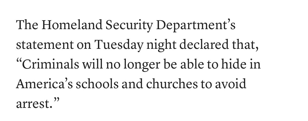 Hi everyone, 

In case you missed it, the Trump administration has lifted the ban on ICE being allowed to raid schools, and this is what they said about it…

Hope this helps for anyone saying this isn’t happening.