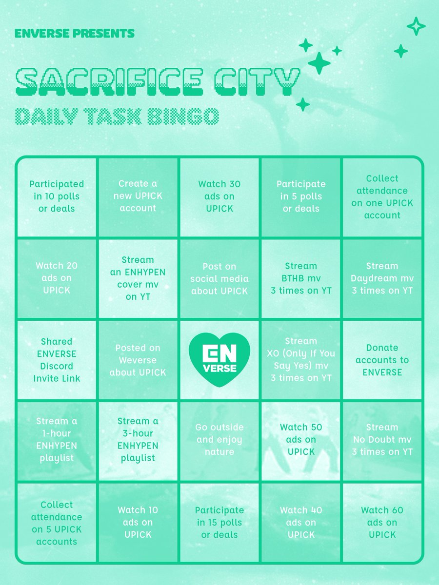 enversediscord's tweet photo. [✨] daily task bingo
˚₊ · »-♡→ january 25, 2025 ˚₊ ·

engenes, keep it up, we got this if we work hard together!

🤍 complete 4 daily tasks
🏷️ post with the tags #ENonUPICK #ENVERSEBattle + city tag https://t.co/SYv7DB5hEo