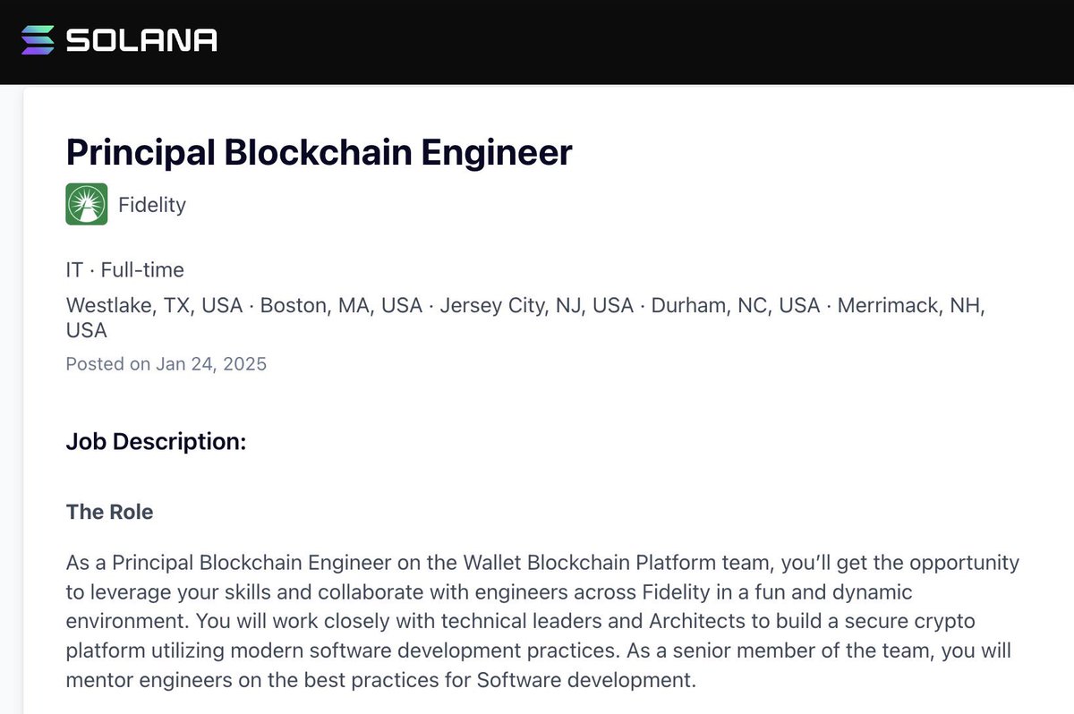 🇺🇸 NEW: Fidelity ($5.8T AUM) is hiring a Principal Blockchain Engineer  according to their recent post on the Solana job board. Crypto is too big  to avoid.