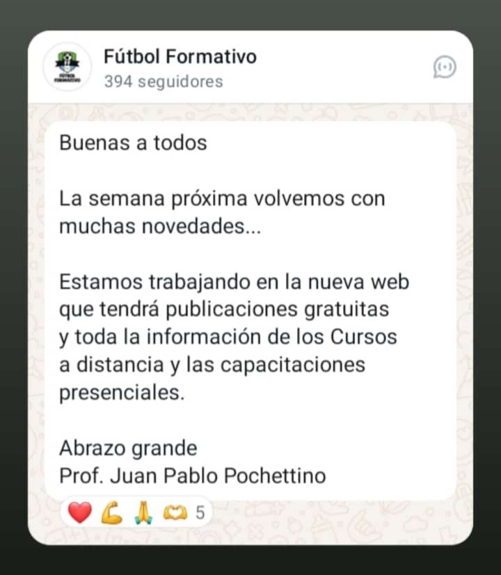 FUTBOLFORMATIV0's tweet image. Buenas a todos

La semana próxima volvemos con muchas novedades...

Estamos trabajando en la nueva web que tendrá publicaciones gratuitas y toda la información de los Cursos a distancia y las capacitaciones presenciales.

Abrazo grande 
Prof. Juan Pablo Pochettino