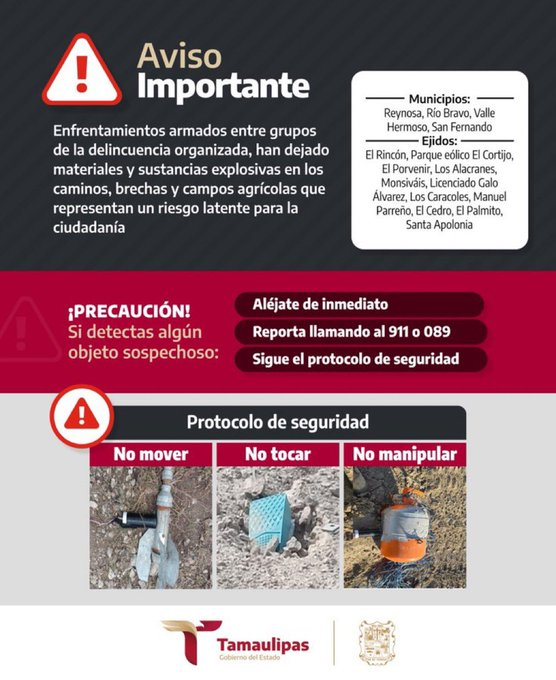 LaSagaOficial's tweet photo. #Tamaulipas | Autoridades advierten sobre la colocación de artefactos explosivos sobre caminos rurales y brechas. Instan a la población a tener cuidado e informar al 911 si encuentran algún dispositivo. https://t.co/vOyPchzWc8