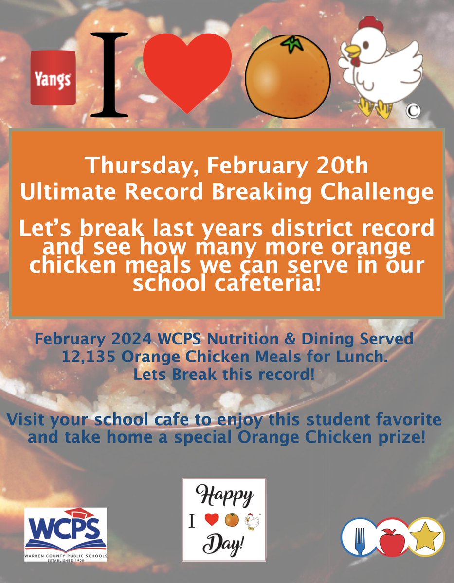 We ❤🍊🐔! Get ready for Orange Chicken Day! It's just around the corner, and we're on a mission to break last year's record! 🎊 #WCPSFeeds #PreschooltoProfession #BigDistrictBigOpportunities