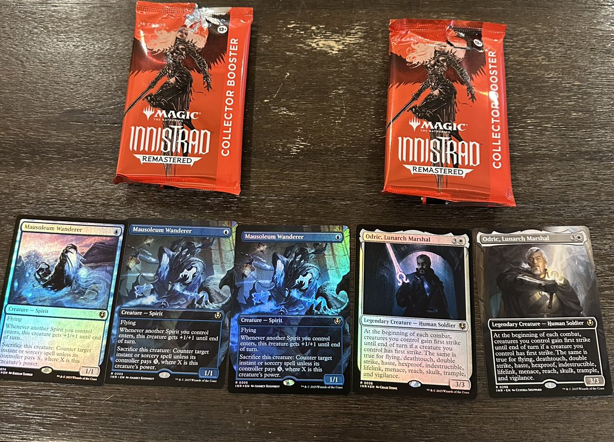 pharr_sean's tweet photo. Bought two collector boosters.
One pack had three copies of mausoleum Wanderer and the other had 2 copies of Odric. $75 down the drain. 
#getitsortedoutwotc https://t.co/aAzuZ6xonL