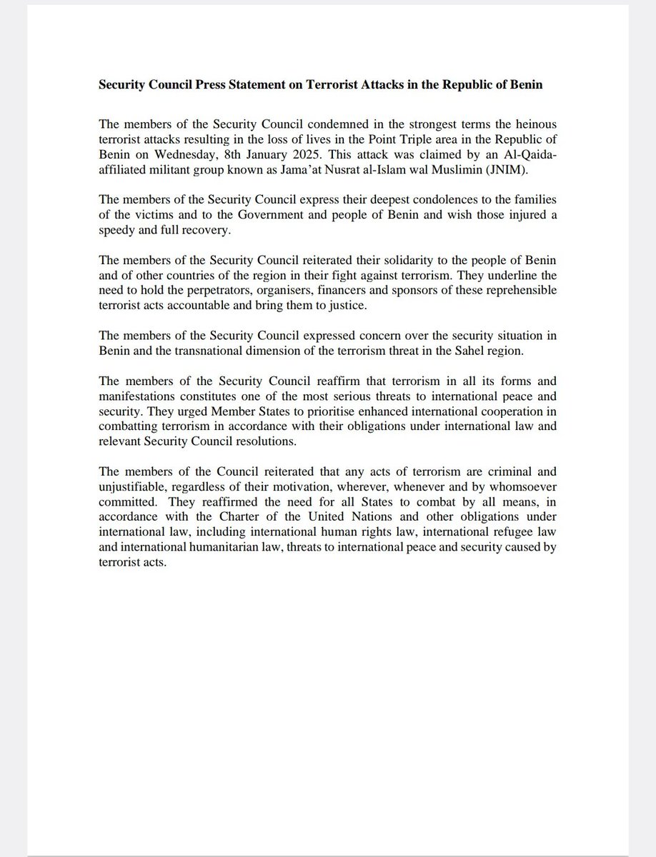 SierraLeoneUN's tweet image. January 24th, 2024
#PressStatement
*Security Council Press Statement on Terrorist Attacks in the Republic of Benin*

@MFAIC_SL 
#TimKabba
#UNSecurityCouncil_SierraLeone