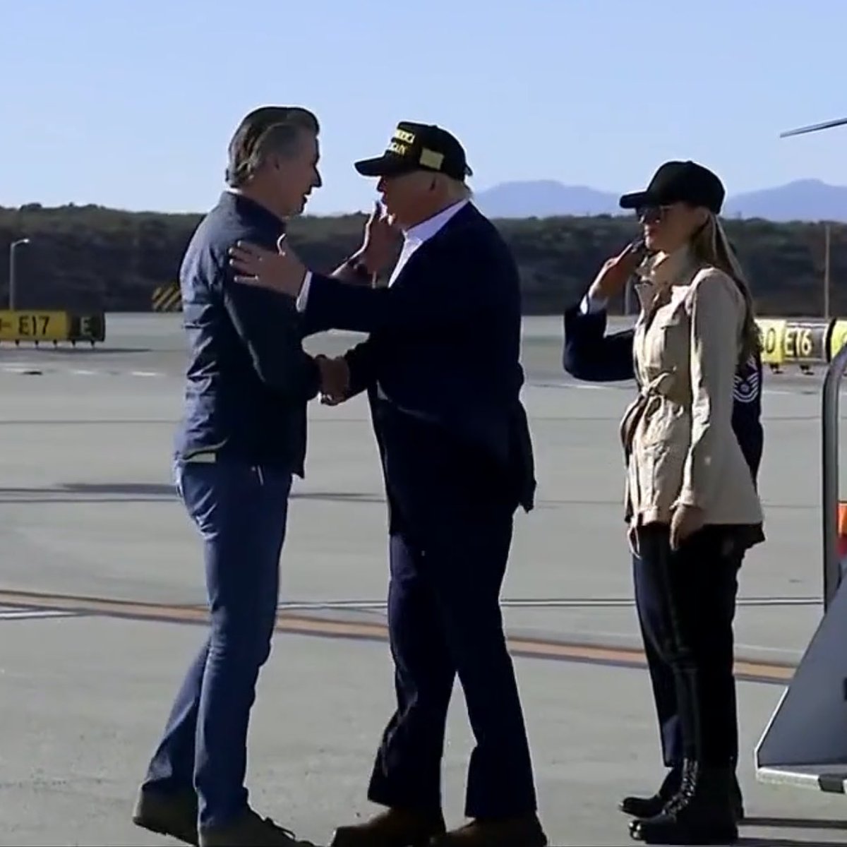 Elex Michaelson (@elex_michaelson) on Twitter photo .<a href="/GavinNewsom/">Gavin Newsom</a> greets <a href="/realDonaldTrump/">Donald J. Trump</a> at <a href="/flyLAXairport/">LAX Airport</a> before the President’s tour of wildfire damage.
The President says the federal government will be there with help for the people of California. .<a href="/GavinNewsom/">Gavin Newsom</a> greets <a href="/realDonaldTrump/">Donald J. Trump</a> at <a href="/flyLAXairport/">LAX Airport</a> before the President’s tour of wildfire damage.
The President says the federal government will be there with help for the people of California.