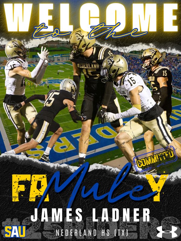 James Ladner (@jamesla92757981) on Twitter photo #AGTG After multiple conversations with <a href="/coachddean/">Dionte Dean</a> and my family I am blessed am proud to announce I will be continuing my football career at Southern Arkansas University
#gomuleriders <a href="/CoachBradSmiley/">Brad Smiley</a> <a href="/Nederland_FB/">Nederland Bulldogs Football</a> #AGTG After multiple conversations with <a href="/coachddean/">Dionte Dean</a> and my family I am blessed am proud to announce I will be continuing my football career at Southern Arkansas University
#gomuleriders <a href="/CoachBradSmiley/">Brad Smiley</a> <a href="/Nederland_FB/">Nederland Bulldogs Football</a>