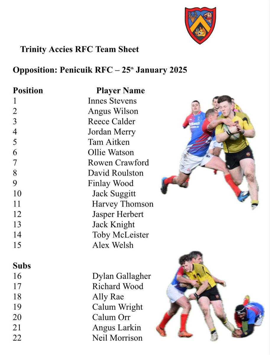 Penicuik RFC - Trinity Accies
2pm Sat 25th January
At Penicuik

See pic for Trinity squad